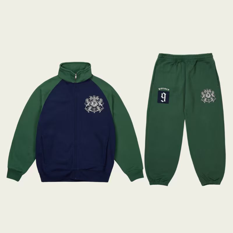 Crest Tracksuit Racey Green front view with zip jacket and matching pants