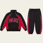 Front view of Palace Men’s Courtside Tracksuit Black/Truest Red