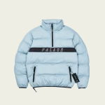 Palace Puffer Jacket Sky front view premium sky blue streetwear puffer jacket with insulated design