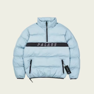 Palace Puffer Jacket Sky front view premium sky blue streetwear puffer jacket with insulated design