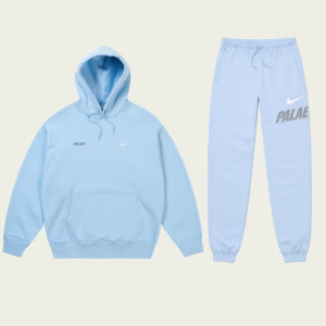 Front view of Palace Nike Font Swoosh Tracksuit Sky Blue